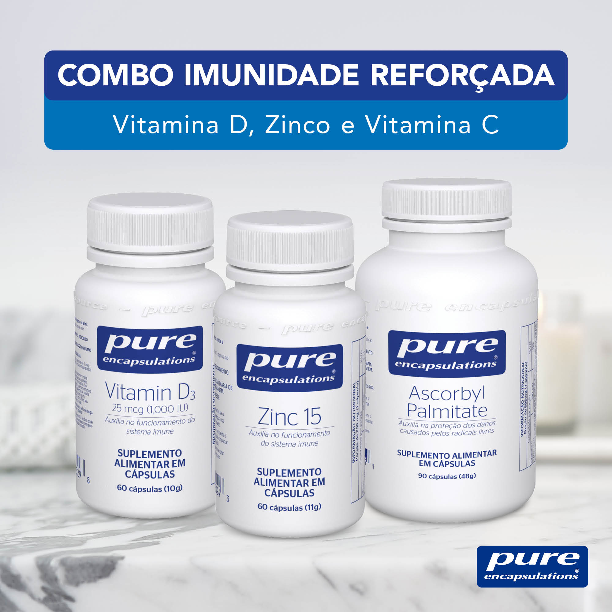 Combo Imunidade Reforçada - Vitamina D3, Palmitato de Ascorbil e Zinco 15